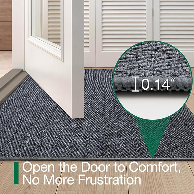 LUMI Ultra Thin Indoor Door Mat for Entrance 32"x48", Non Slip Entryway Mat, Low Profile Doormat, Unique Herringbone Design Carpet for Inside, Patio, Porch, Medium Gray