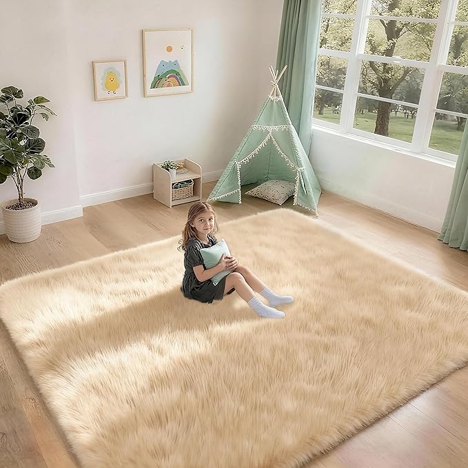 6x9 Solid Fluffy Camel Area Rug – Washable, Durable, Large Living Room Rug, Non-Slip High Pile Shag Rugs for Bedroom, Sofa Coffee Table, Nursery Rooms, Kids Room, Soft Indoor Floor Carpet