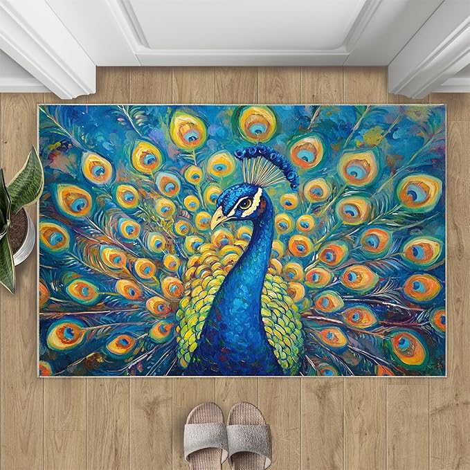 Peacock Area Rug 3x4-3x4 Rug, Wonderful Peacock Rugs for Living Room, Teal Turquoise Carpet, Peafowl Washable Area Rugs for Bedroom, Aesthetics Carpet - Peafowl Home Decor & Gifts