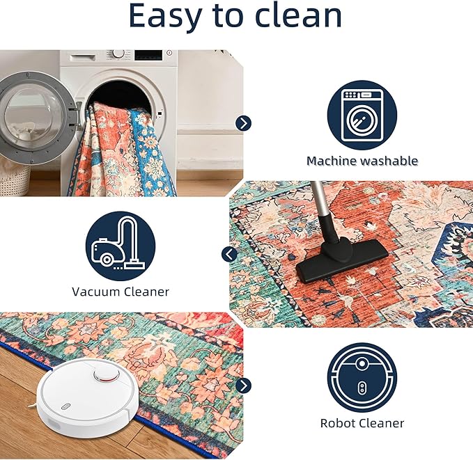 YJ.GWL Area Rugs for Living Room 4x6 Machine Washable Rugs for Bedroom, Non Slip Floral Vintage Rug Indoor Carpet, Stain Resistant Throw Rug for Dining Room Kitchen, Red Blue Gradient Color