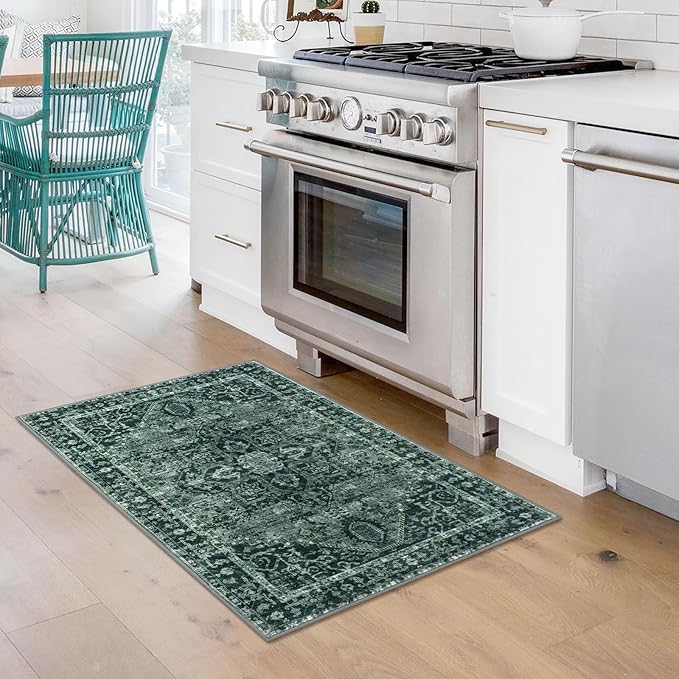 KOZYFLY Small Area Rug 2x3 Ft Rugs for Entryway Washable Boho Entry Rug Non Slip Door Mat Indoor Entrance Faux Wool Vintage Printed Kitchen Rug Throw Rugs for Entrance Kitchen, Dark Green