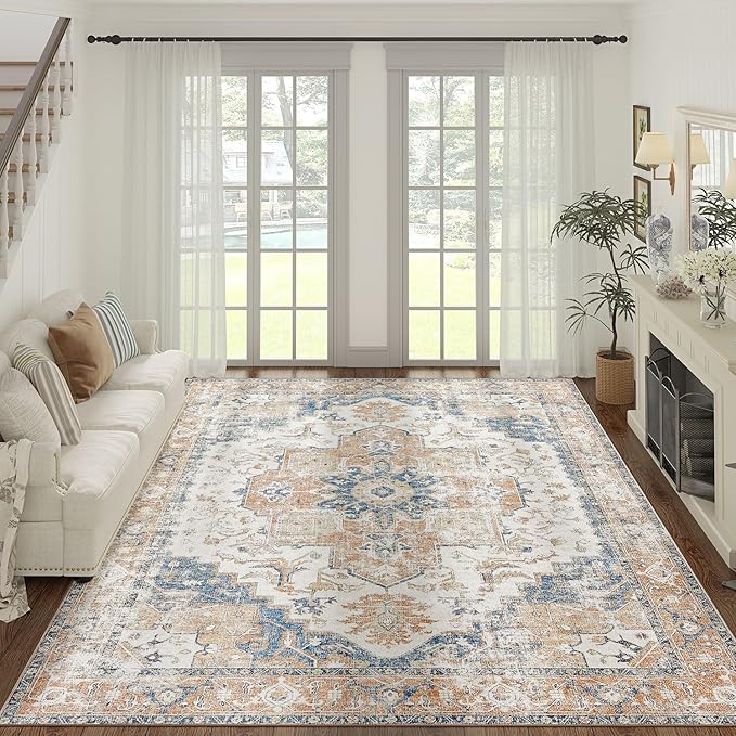 jinchan Area Rug 8x10 Washable Living Room Rug Vintage Indoor Large Floor Cover Distressed Lightweight Non-Slip Low Pile Thin Mat Accent Stain Resistant Carpet for Bedroom Dining Room Office Orange