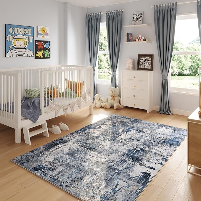 Rugcomf 9x12 Boho Rug Soft Area Rug Non-Slip Non-Shedding Faux Wool Vintage Rug for Living Room, Dining Room, Kids Playroom, Blue
