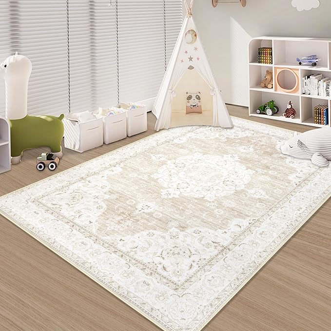 Area Rug 3x5 Entryway Rugs - Machine Washable Vintage Boho Area Rug Non-Slip Kitchen Rugs Soft Stain Resistant Indoor Door Mat, Small Oriental Throw Rug for Entrance Bedroom (Boho Beige, 3'x5')