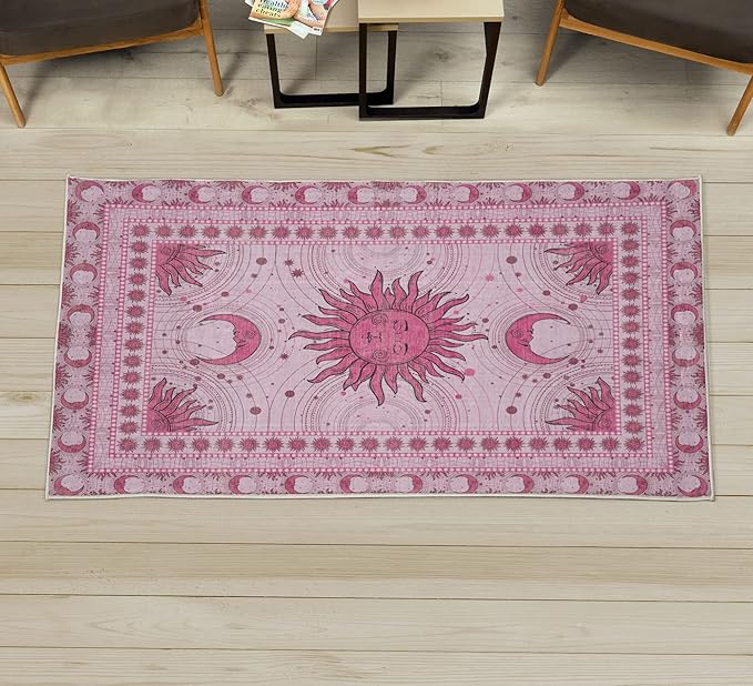 Ambesonne Sun and Moon Decorative Rug, Bohemian Artwork Design of Crescent Solar Ornament Esoteric Stars Ornaments, Quality Carpet for Bedroom Dorm and Living Room, 2' 2" x 3' 7", Pink