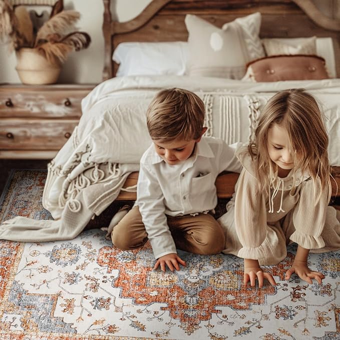 jinchan Area Rug 6x9 Vintage Washable Living Room Rug Floral Medallion Non Slip Thin Floor Cover Retro Classic Soft Boho Farmhouse Carpet for Bedroom Dining Room Kitchen Brick Red