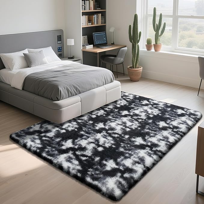 Fluffy Rug Shaggy Area Rug, Mottling Black 4x6 Area Rugs for Bedroom, Small Bedside Rug, Soft Fluffy Shaggy Entryway Throw Rugs for Living Room Bedroom Kids Room Home Decor