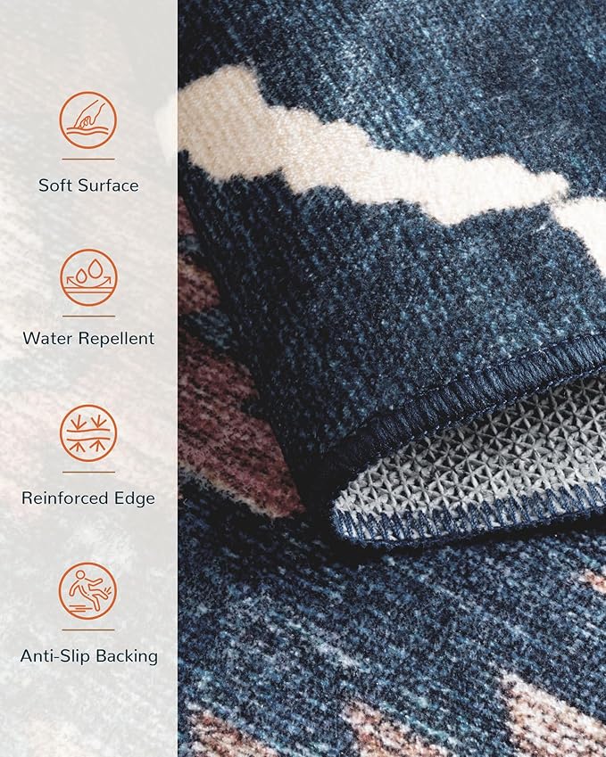 Area Rug 2x8 Rug Machine Washable Non-Slip Low Pile Print Pattern Western Rug for Living Room Bedroom Entryway Tribal Series -Darkblue