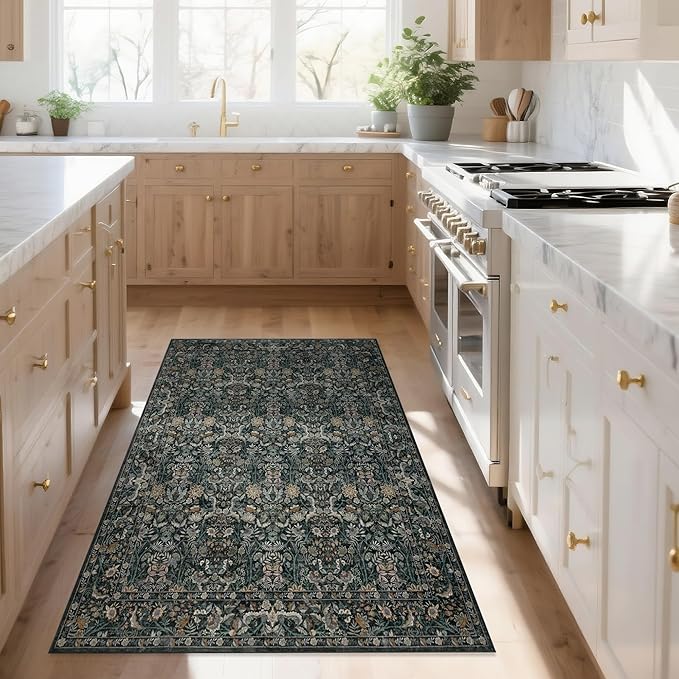 Washable Living Room Rug: 3x5 Boho Floral Soft Area Rug for Bedroom Decor - Vintage Low Pile Thin Carpet for Dining Room Non-Slip - Farmhouse Stain Resistant Rugs - Dark Green