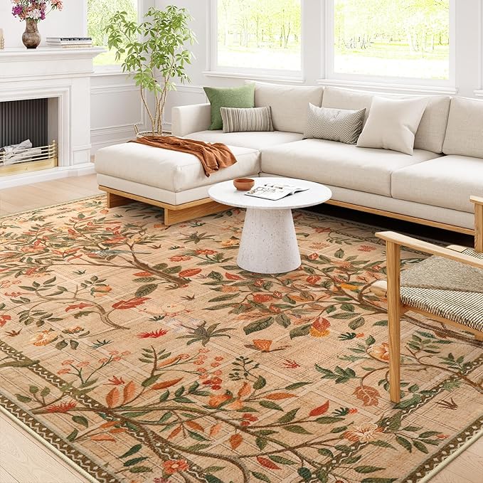 Morebes Washable Area Rugs 8x10, Boho Floral Living Room Carpet Non Slip, Soft Low-Pile Flower Birds Indoor Floor Throw Rug for Dining Room Home Office Playroom Foyer, Brown