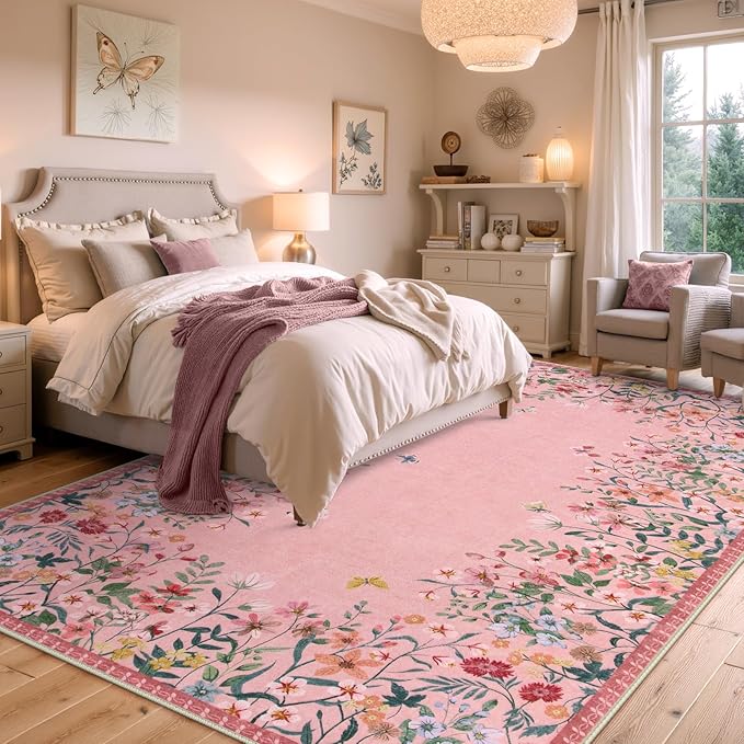Wonnitar Washable Pink Floral 8x10 Rugs for Bedroom, Non-Slip Living Room Area Rug, Cute Nursery Large Botanical Area Rug, Soft Floor Carpet for Playroom Closet (Pink,8'x10')