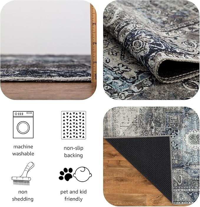 Keen Home Design 2x7 Rug - Machine Washable Runner Rug with Non-Slip Backing, Ideal for Hallway, Entryway, Kitchen, Laundry Room - Vintage, Easy Clean, Durable, Low Pile - (2'6" x 7')