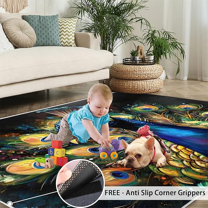 Peacock Rugs for Bedroom - 3x4 Area Rug - 3D Peacock Rugs for Living Room, Abstract Watercolor Animal Rug, Non-Slip Washable Home Decor Carpet