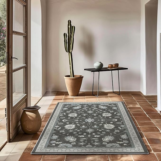 EVERGRACE Area Rugs for Living Room 3x5, Boho Floral Faux Wool Indoor Outdoor Rugs, Washable Rugs for Bedroom Entryway Dining Room Hallyway, Low Pile Floor Mat Carpet for Home Decor, Ebony Black