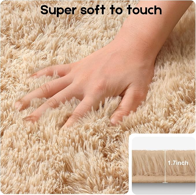 2x3 Light Tan Rugs for Bedroom Living Room, Fluffy Small Area Rug Soft Shag Carpet for Kids Boys and Girls Room with 4 Rugs Non-Slip Stickers Dorm Home Decor (2ft x 3ft)
