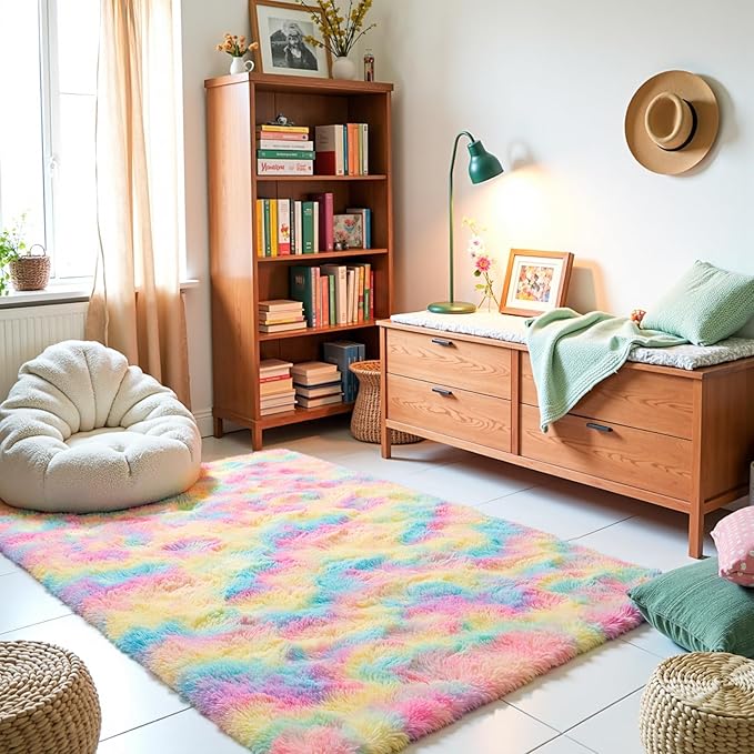 Zentavio Unicorn Rugs for Girls Room 3x5 Area Rugs for Living Room Small Carpet for Bedroom Washable Soft Fluffy Shag Aesthetic Plush High Pile Throw Rug for Nursery Kids Room Dorm Room Rainbow
