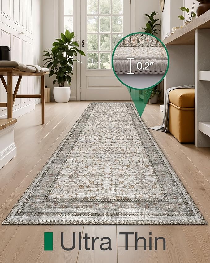 LUMI Washable Kitchen Rug, 23x84 Non-Slip Indoor Hallway Runner, Soft Low Pile Vintage Distressed Area Rugs for Laundry, Bedroom, Celadon