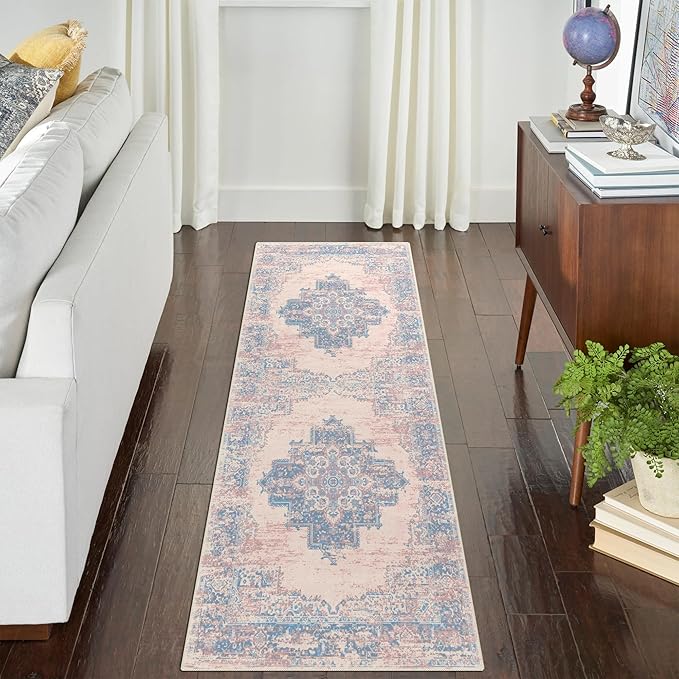 vivorug Runner Rug 2x10 Machine Washable Rug with Non-Slip Backing, Ideal for Kitchen Hallway Entryway Laundry Room - Vintage-Inspired, Durable, Easy Clean, Low Pile Carpet Runner, Pink
