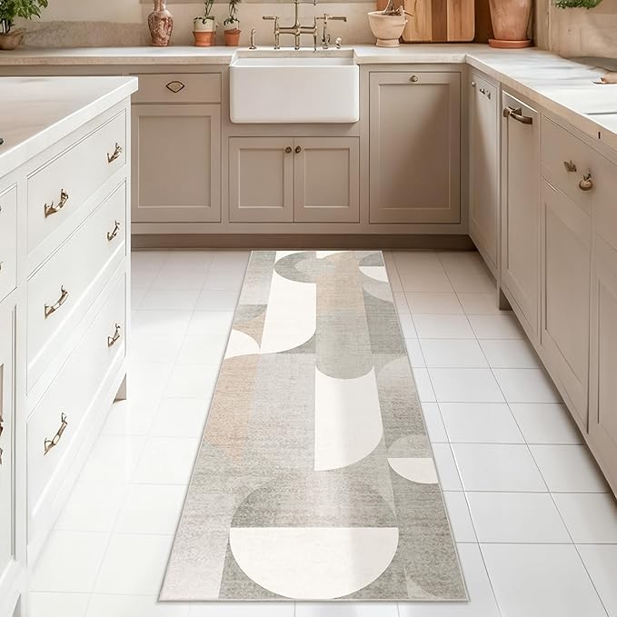Grey Runner Rug 2x6 Washable Rug Runners for Hallway Kitchen,Long Modern Geometric Rugs for Bedroom Entryway Bathroom,Non Slip Floor Beige Carpet