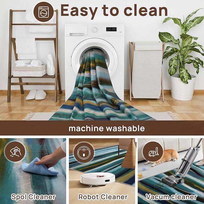 Abstract 3x5 Area Rug, Modern Stripe Teal Rugs for Entryway, Washable Soft Door Mat Non-Slip Floor Carpet for Dining Room Kitchen Bedroom - Teal/Multi