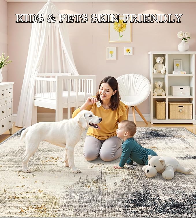 Area Rugs 9x12 Living Room - Modern Abstract Large Rugs for Living Room Non-Slip Low Pile Soft Machine Washable Carpet for Bedroom, Under Dining Table, Nursery, Farmhouse (9'x12' Beige Tan)