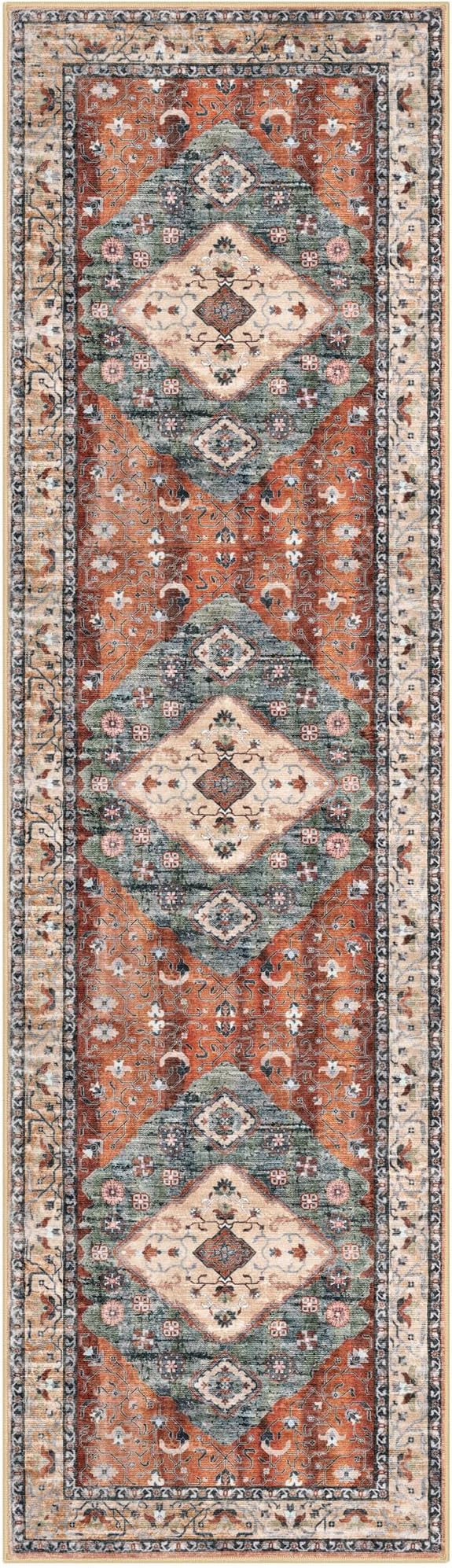 KOZYFLY Runners for Hallways 2x7 Ft Washable Kitchen Runner Rug Boho Runner Rug for Entryway Indoor Rust/Orange/Blue Printed Oriental Faux Wool Floor Carpet Runner for Bedroom Kitchen Hall