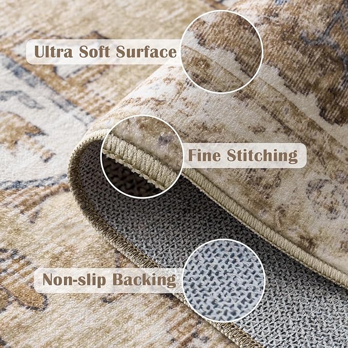 jinchan Kelda Area Rug 4x6 Washable Bedroom Rug Vintage Soft Indoor Floor Cover Retro Distressed Mat Accent Lightweight Non-Slip Thin Carpet for Kitchen Bathroom Living Room Brick Red
