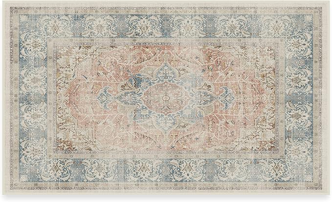 RUGGABLE Washable Vintage Area Rug – Sarrah Coral 3x5, Stain-Resistant, Non-Slip – Small Machine Washable Rugs for Living Room, Bedroom, Hallway, Entryway & Office–with Cushioned Pad