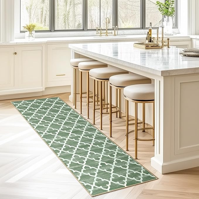 Area Rug 2x6, Moroccan Trellis Print Carpet, Machine Washable Non-Slip Rugs for Living Room, Bedroom, Dining Room & Entryway, Green