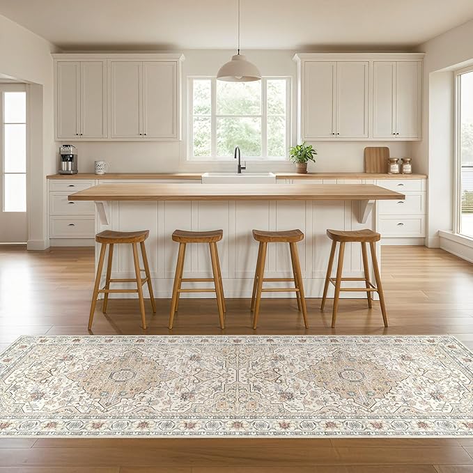 Runner Rug Kitchen Washable Rugs: 2x6 Non-Slip Boho Soft Vintage Stain Resistant Indoor Floor Neutral Farmhouse Throw Carpet for Hallway Bathroom Laundry Room Entryway Bedroom- Cream