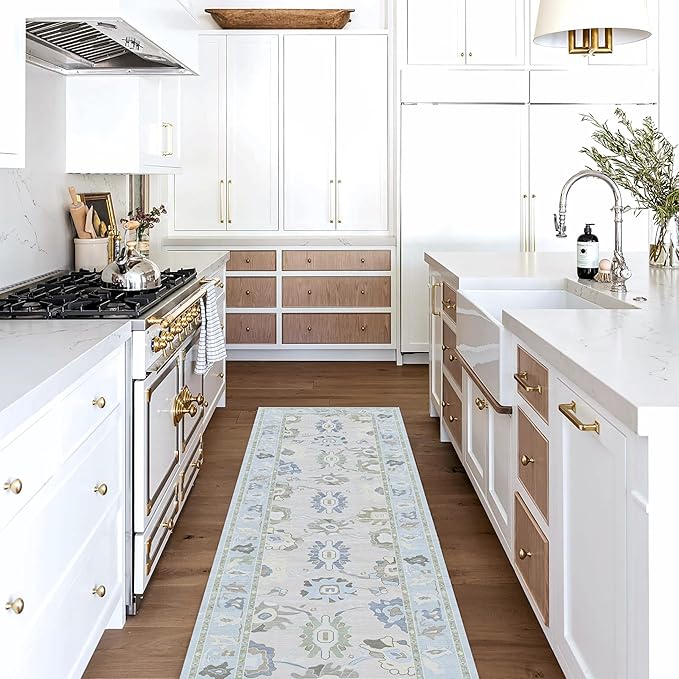 Fame Living Cream Blue Oushak Runner Rug, Modern Runners, Turkish, Eclectic, Floral, Pastel, Washable, Small Rugs, Short Runner for Hallway, Entryway, Laundry, Bedroom, Kitchen, Bathroom, 2'5"x6'5"