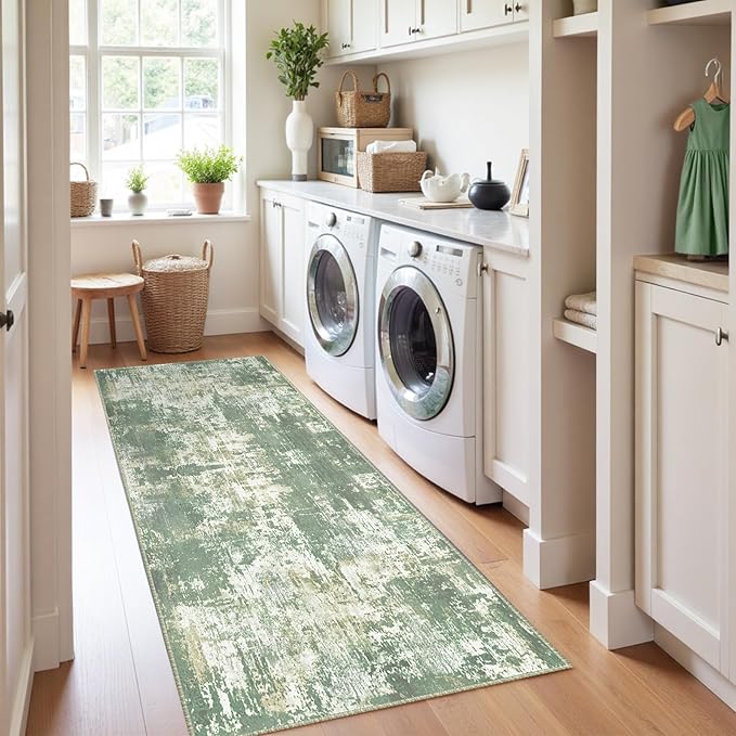 Washable Area Rugs 2'x8' Non-Slip Modern Abstract Soft for Living Room Entryway Bedroom Nursery, Print Pattern, Light Green/Yellow
