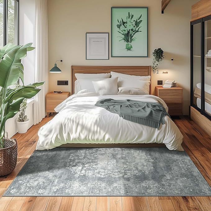 jinchan Vintage Floral 5x7 Area Rugs - Machine Washable Distressed Design Soft Ultra-Thin Low-Pile Non-Slip Carpet for Kitchen Bedroom Nursery Living Room Dining Room Home Office (5x7ft, Grey)