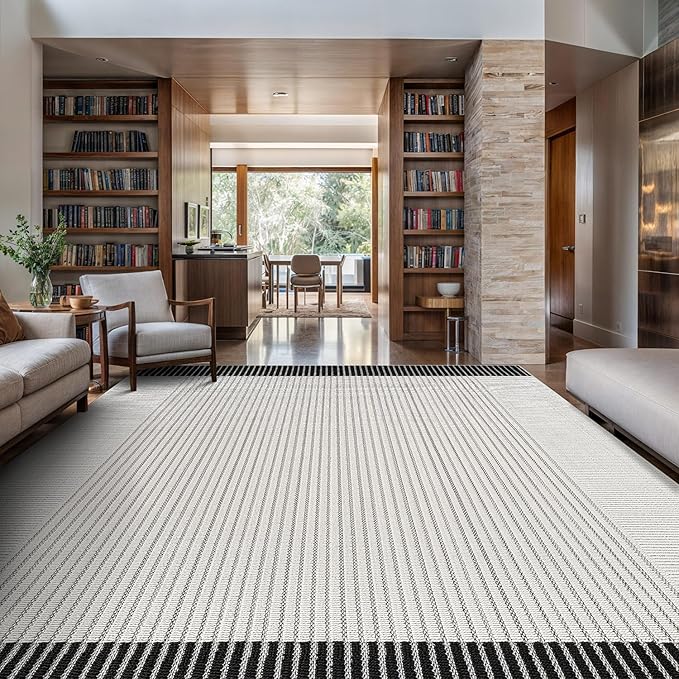 Modern Micro Loop Indoor Area Rugs for Living Room Bedroom Kitchen Geometric Striped Black-White 5x7 Luxury Durable Low and High Pile Non-Shedding Stain Resistant Soft Area Carpet 5 x 7