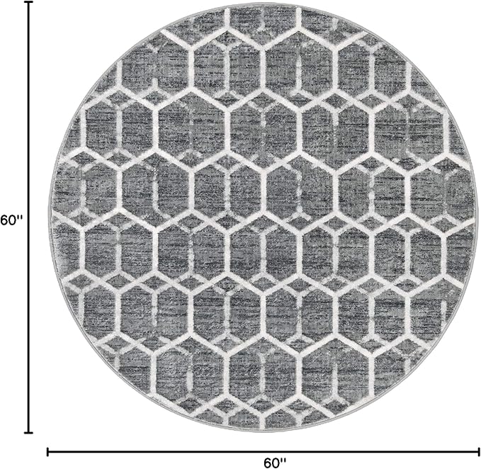 Rugs.com Lattice Trellis Collection Rug – 5 Ft Round Gray Low-Pile Rug Perfect for Kitchens, Dining Rooms