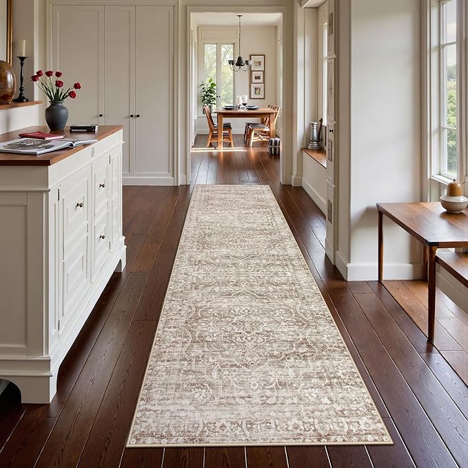 Lahome Runner Rug for Hallway 2.5x10, Washable Kitchen Runner Rugs Ultra-Thin Non Slip, Neutral Boho Print Long Farmhouse Indoor Carpet Runner for Entryway 10ft (Taupe, 2'5''x10')