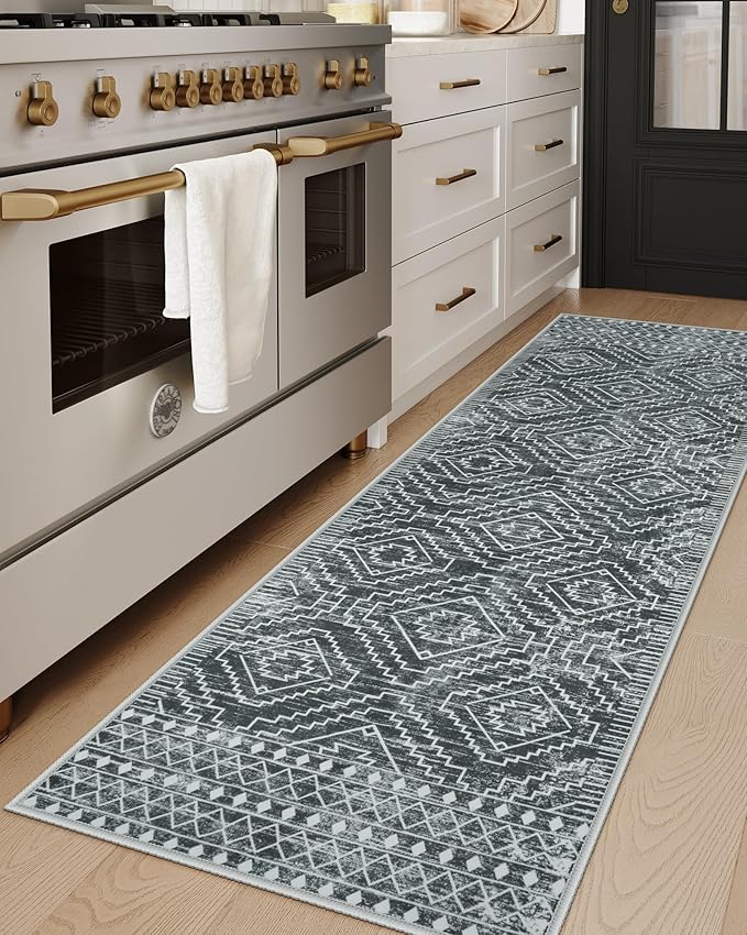 Wonnitar Washable Kitchen Runner Rug 2x6, Moroccan Grey Runners for Hallway, Non Slip Bohemian Soft Bathroom Throw Mat Geometric Carpet Runner for Laundry Entryway Bedroom (Dark Grey,2'x6')