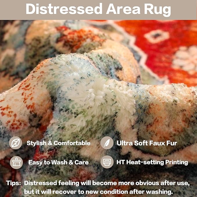 COMSLE Boho Runner Rug, 2' x 6' Washable Rugs for Hallway Faux Wool Small Kitchen Area Rug Distressed Throw Rug Non-Slip Laundry Room Rug Carpet Runner for Entryway Indoor Bedroom