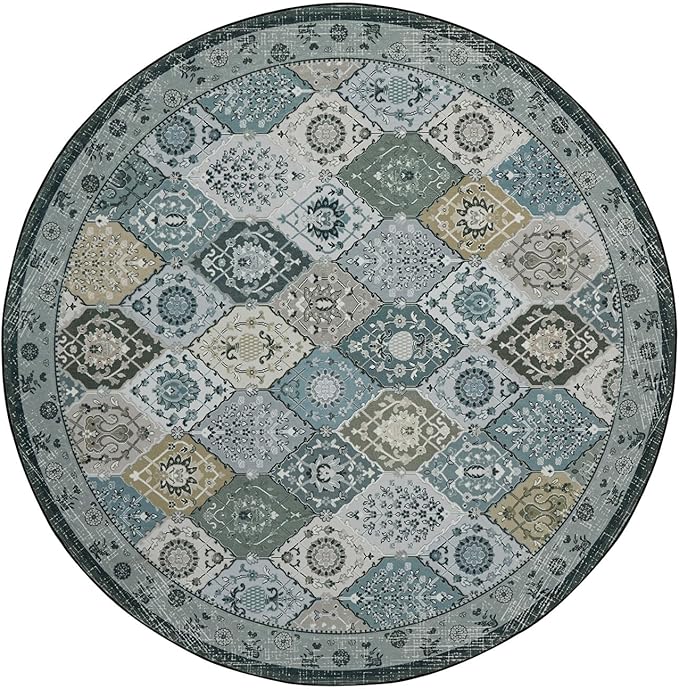 Phantoscope Washable Round Area Rug 6ft Non-Slip, Vintage Boho Rugs for Living Room, Bedroom, Dining Room, Distressed Moroccan Mosaic Diamond Pattern, Low-Pile Foldable Floor Carpet, Grey Charcoal