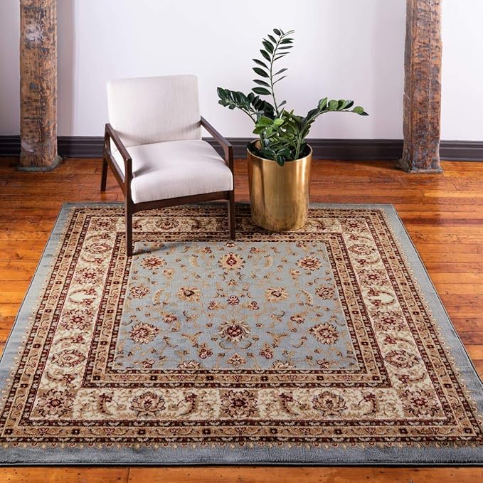 Unique Loom Voyage Collection Traditional Oriental Classic Intricate Design Area Rug (8' 0 x 8' 0 Square, Light Blue/Gold)