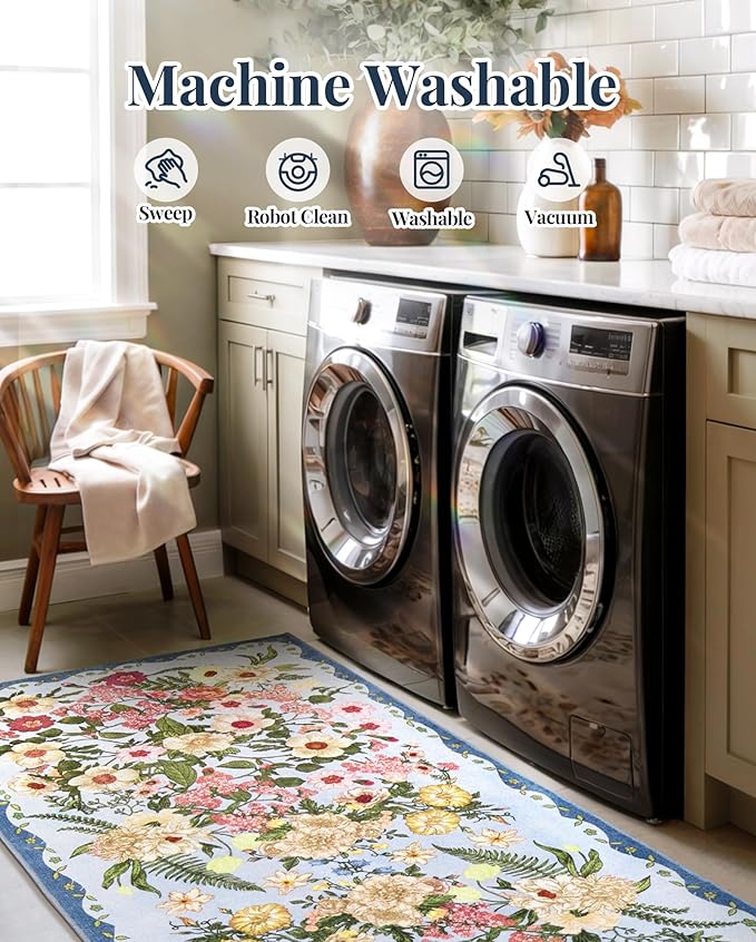 Floral Rugs for Living Room - 9x12 Soft Washable Area Rug Stain Resistant Ultra-Thin Non-Slip Low Pile Farmhouse Vintage Large Carpet for Bedroom Dining Room Nursery Home Office Decor, Blue