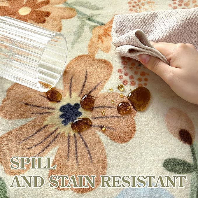 Lahome Floral Washable Round Area Rug, Round Rug 5ft Soft Non-Slip, Non-Shedding Boho Circle Carpet for Bedroom Living Room Bathroom Nursery Kitchen, Beige