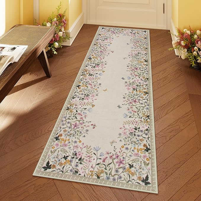 Lahome Boho 2x6 Bathroom Runner Rugs Non Slip Washable, Floral Carpet Runners for Hallway 6ft Kitchen Rug Runner, Soft Non Skid Runners for Entryway Laundry Bedroom (Beige,2x6)