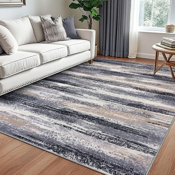 Modern Abstract 5x7 Machine Washable Area Rug Non-Slip Soft Bedroom Living Romm Rug Grey Black Multi Ultra Thin Print Faux Wool Floor Carpet Throw Rugs for Nursery Playroom Dining Room Indoor
