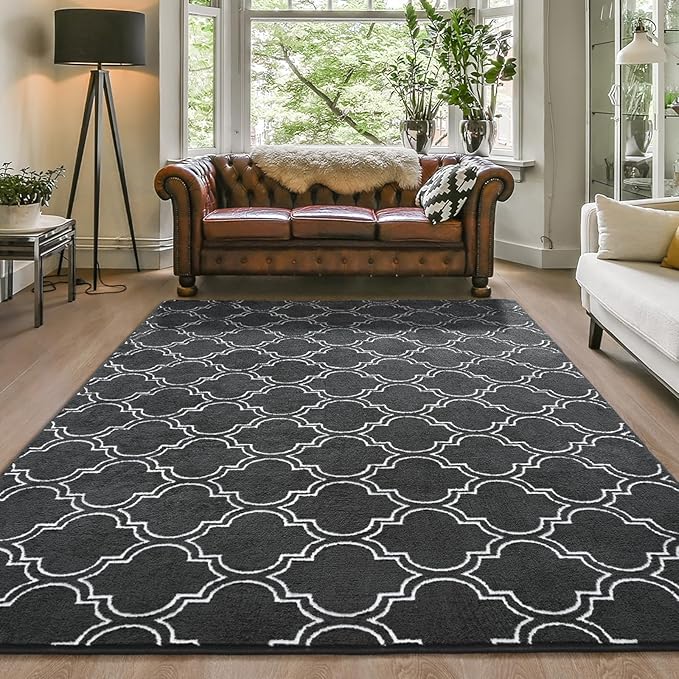 Amearea Fluffy Indoor Trellis Rug, Soft Moroccan Home Rugs for Bedroom, Shag Modern Area Rug for Living Room Kids Room Nursery, Indoor Easy Clean Low Pile Rug Carpet, Dark Grey 4x6 Feet