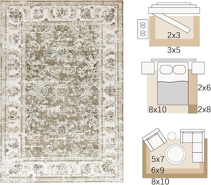 jinchan Fiora 4x6 Area Rugs for Bedroom - Machine Washable Distressed Vintage Floral Design Stain Resistant Boho Carpet Ultra-Thin Low Pile Non-Slip Rug for Living Room Dining Room (4‘x6', Taupe)