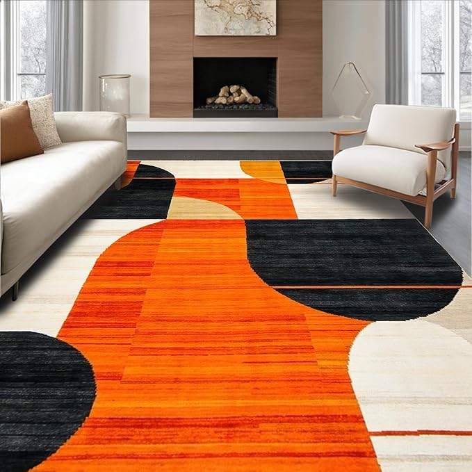 Flatwoven High Traffic Area Rug 4x6, Copper Black Orange Geometric Abstract Design, Non Slip, Stain Resistant, Washable Area Rugs for Living Room, Bedroom (Orange, 4x6)