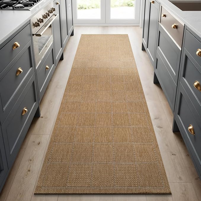 Beverly Rug Easy Jute Checkered Squared Runner Rug 2x7 Washable Durable Indoor Outdoor Area Rugs for Living Room Patio Office Stain Resistant Non Shedding Casual Indoor Outside Carpet 2 x 7 Natural