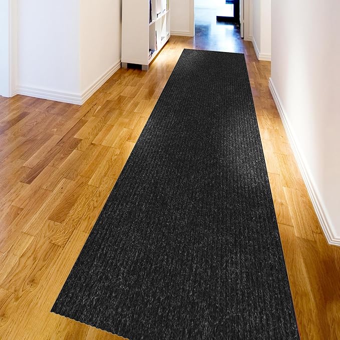 Ottomanson 2' x 34' Hallway Runner with Scraper Pile Extra Durable Non-Slip Rug Mat for Indoor & Outdoor Use - Ideal for Kitchen, Entryway, Patio & Garage - High-Traffic Carpet, Black