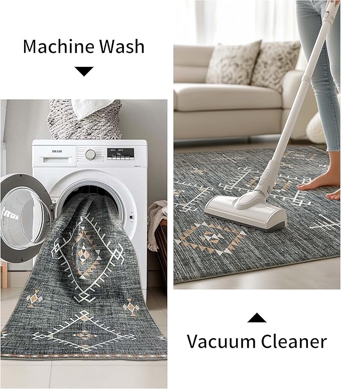 ILANGO Area Rug 8'x10' for Living Room Bedroom Washable Moroccan Boho Rugs for High Traffic Area Non Slip & Non-Shedding Rugs Fade Resistant Carpet for Kitchen Office (Dark Grey)